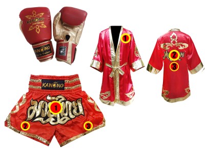 Set Muay Thai-handschoenen + op maat gemaakte korte broek + op maat gemaakt mantel : Thai Power Rood