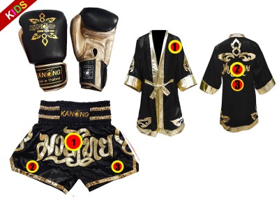 Set Muay Thai-handschoenen + op maat gemaakte korte broek + op maat gemaakt mantel voor kinderen: Thai Power Zwart