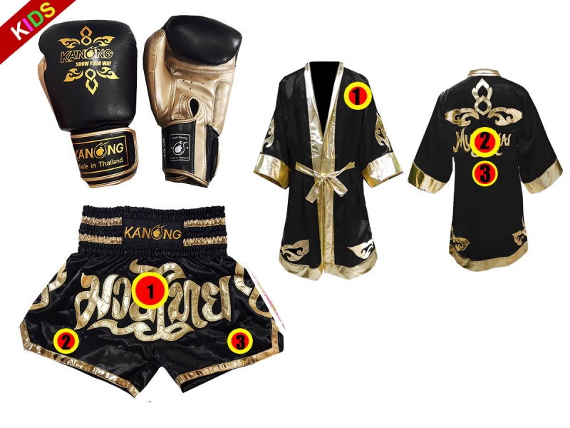 Arthur ontwerp vaak Kinder Kickboksset Bokshandschoenen + op maat gemaakte korte broek + op  maat gemaakt mantel : Thai Power Zwart | MuayThaiBoksen.com