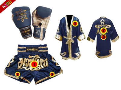 Kinder Kickboksset Bokshandschoenen + op maat gemaakte korte broek + op maat gemaakt mantel : Thai Power Marineblauw