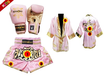 Set Muay Thai-handschoenen + op maat gemaakte korte broek + op maat gemaakt mantel voor kinderen: Thai Power Roze