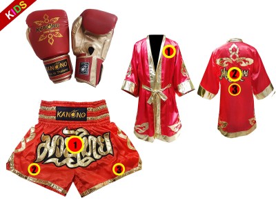 Set Muay Thai-handschoenen + op maat gemaakte korte broek + op maat gemaakt mantel voor kinderen: Thai Power Rood