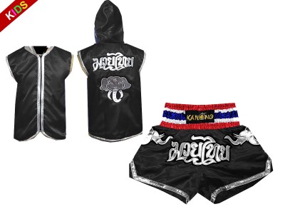 Kanong Kinder Kleding Boksjas met capuchon en Muay Thai broek : Model 125-Zwart Olifant 
