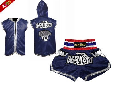 Kanong Kinder Kleding Boksjas met capuchon en Muay Thai broek : Model 125-Marineblauw Olifant 