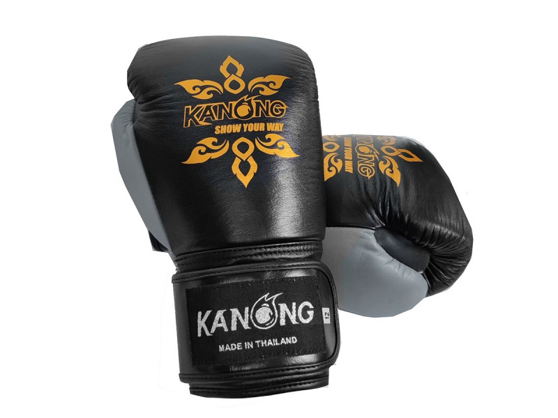 Kanong Muay Thai-handschoenen van echt leer : Zwart/Grijs