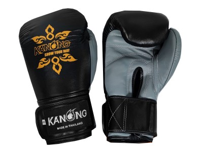 Kanong Muay Thai-handschoenen van echt leer : Zwart/Grijs