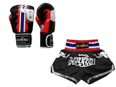 Productset Bijpassende Muay Thai-handschoenen en broek : Set-125-Zwart
