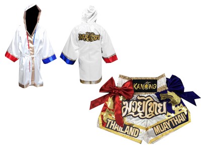 Kanong Muay Thai gewaad en Muay Thai broek  met naam : Model 128-Wit